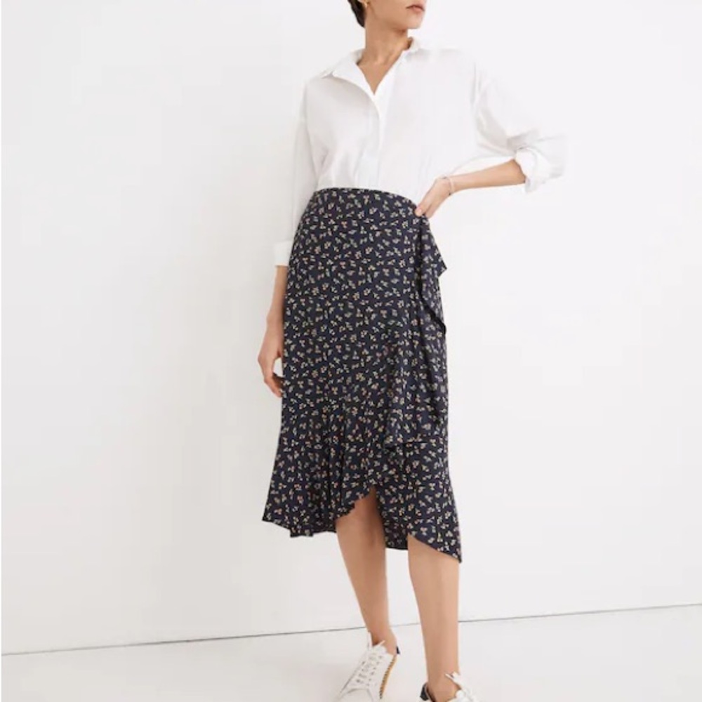 Madewell Floral Navy Ruffle Wrap Midi Skirt in Spring Fling